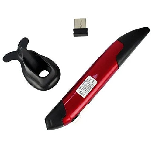 Wireless optical pen mouse in a pen shape with 2.4 GHz USB receiver and support stand, available in Blue, Gray, or Red