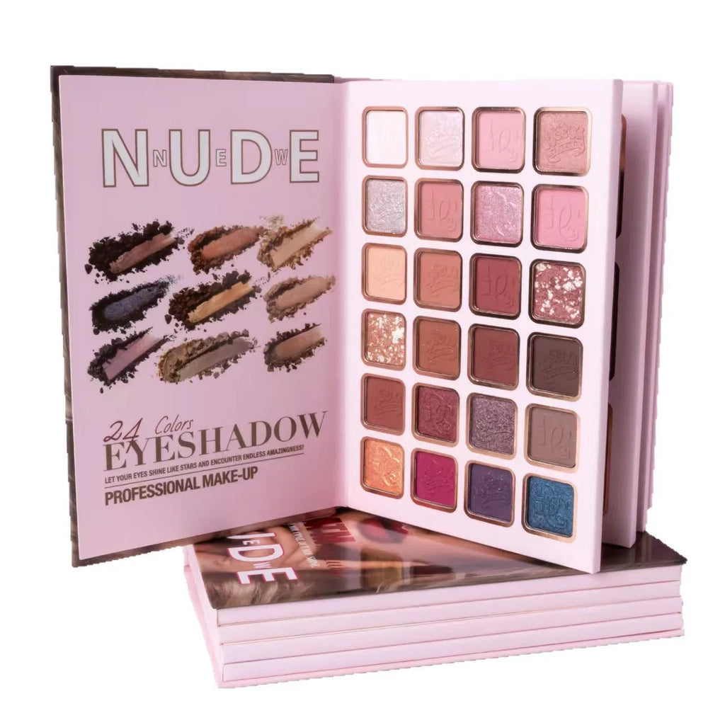 Multifunctional makeup palette open to show matte and shimmer eye shadows, blush, and highlighter pans in colour U137A.