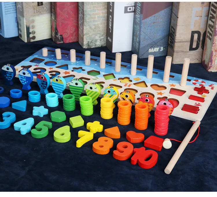 Wooden 3D alphabet and number puzzle board with colourful geometric pieces for toddlers