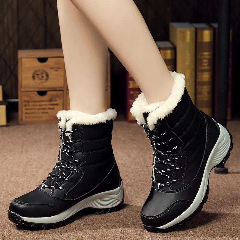 Velvet high-top women's snow boots waterproof umbrella cloth upper round toe wedge heel winter footwear