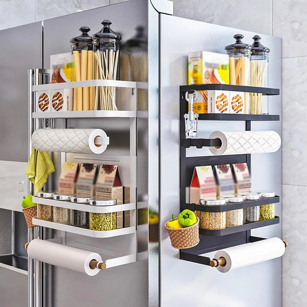 Magnetic refrigerator shelf in black attached to fridge side with vertical slatted design