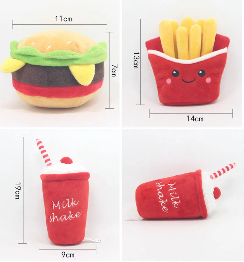 Soft plush dog toys shaped like a hamburger, french fries, and a milkshake cup with squeakers inside.