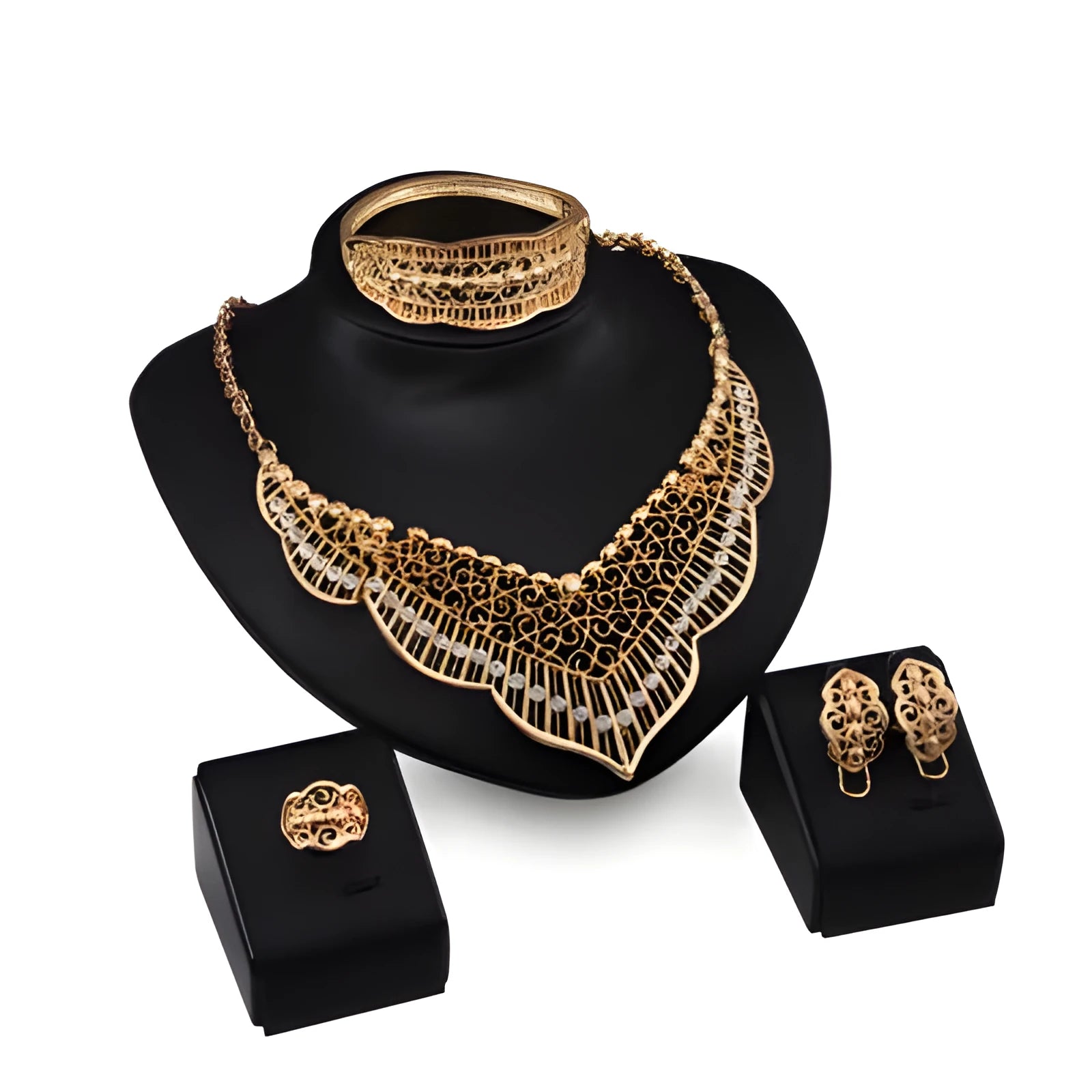 Gold alloy necklace and earrings set with diamond-cut round bead chain and pendant