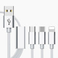 Three-in-one mobile phone charging cable in multiple colours with three connectors