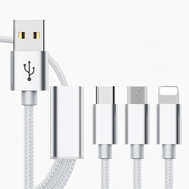 Three-in-one mobile phone charging cable in multiple colours with three connectors