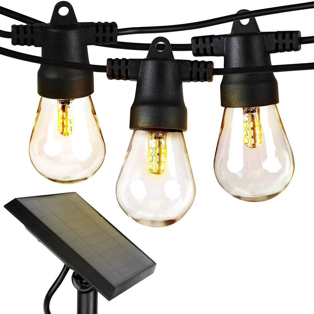 Waterproof solar-powered LED string lights for outdoor garden and patio decoration.
