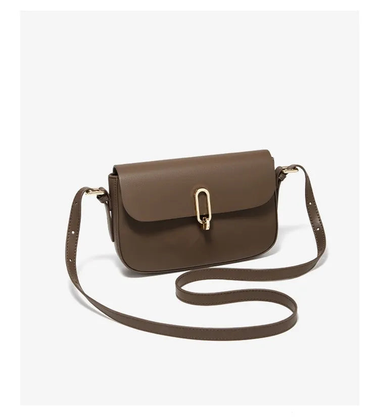 Black and brown genuine cowhide leather square shoulder messenger bag with a lock and internal zippers