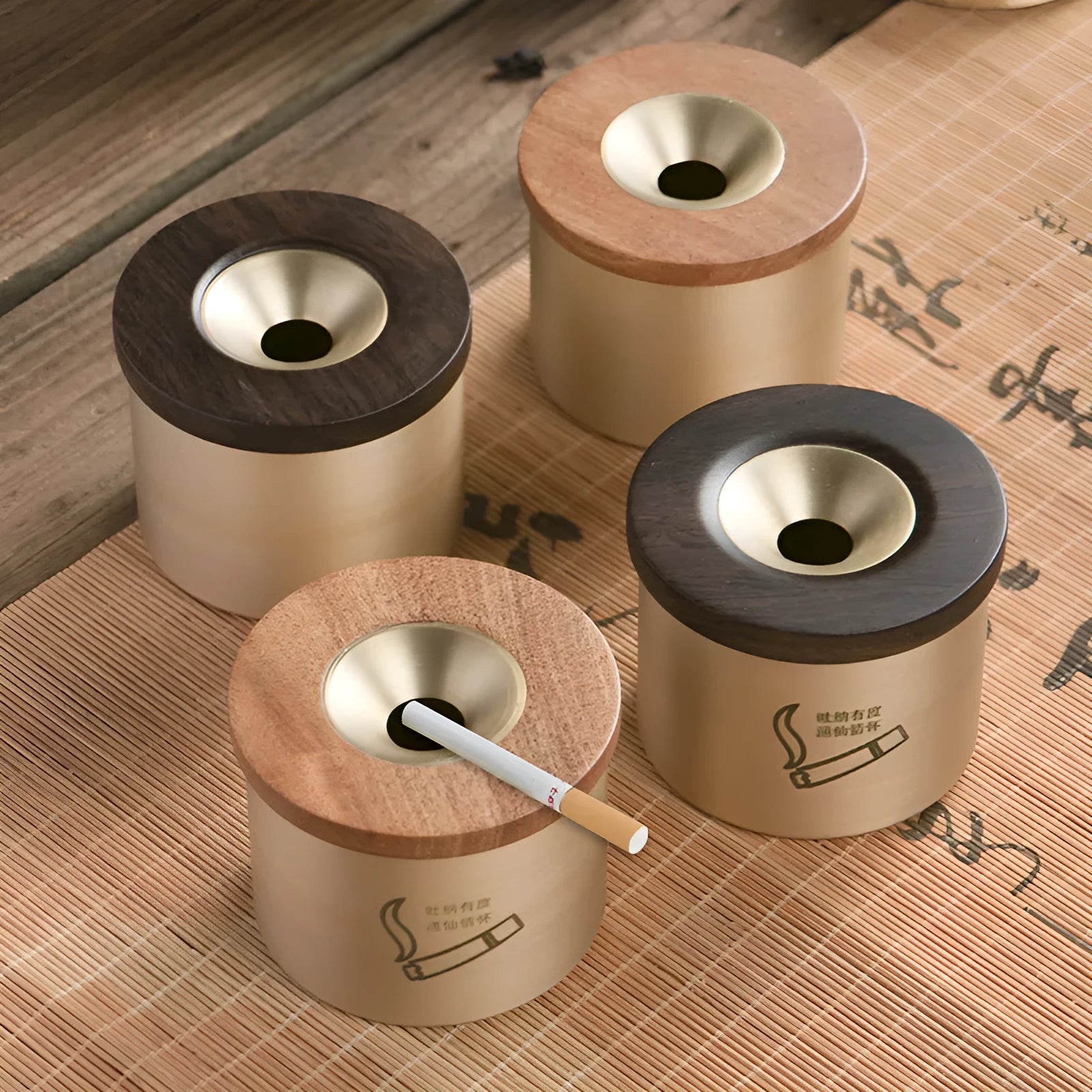 Solid copper retro ashtray with a wooden lid in black or rosewood finish.