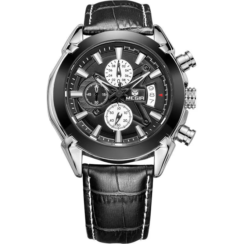 Men's brown and black waterproof chronograph watch with luminous three‑eye dial.