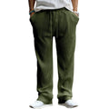 Men's striped high-waisted straight-leg casual trousers in army green laid flat