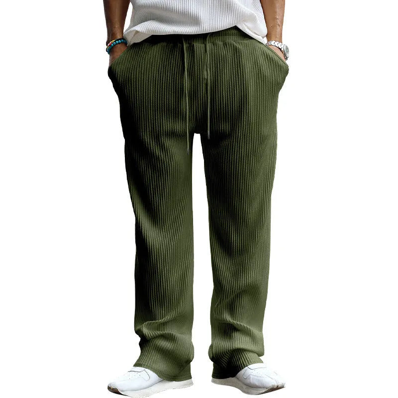 Men's striped high-waisted straight-leg casual trousers in army green laid flat