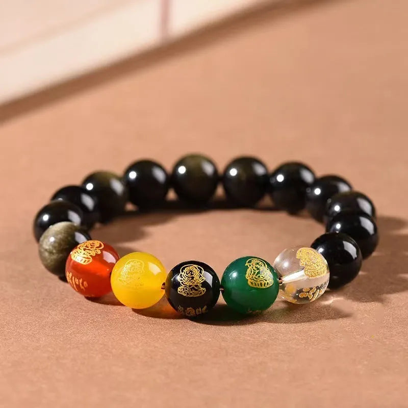 Men's single circle obsidian bracelet with five gods of wealth design, available in 8mm, 10mm, 12mm bead sizes.