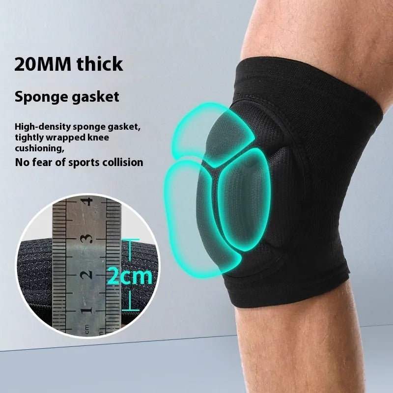 Black and blue pair of thick sponge knee pads for sports protection on a neutral background.