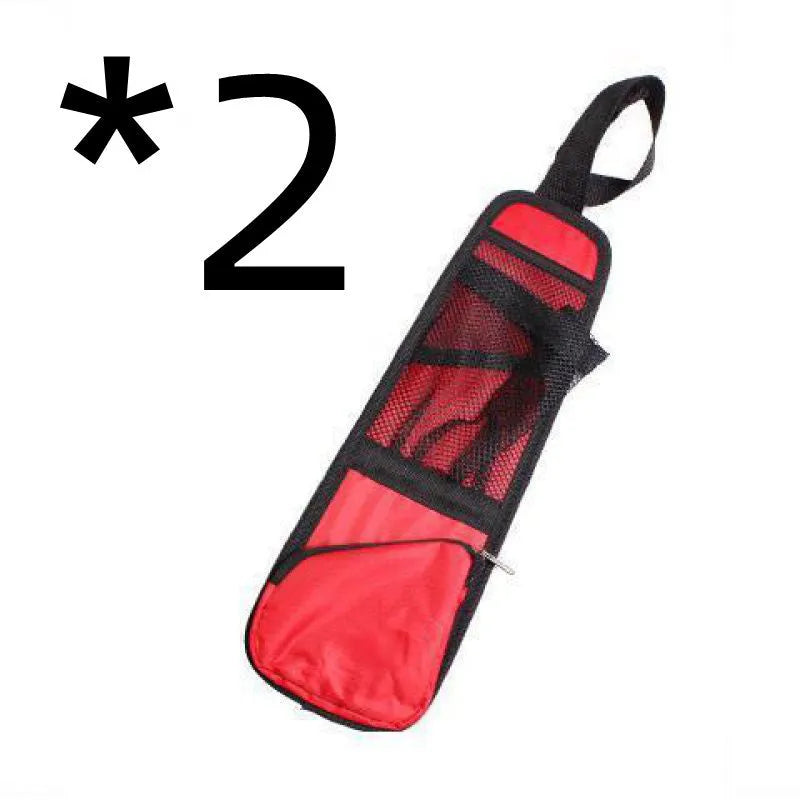 Black nylon car chair side bag with compartments for drinks and phone, attached to vehicle seat