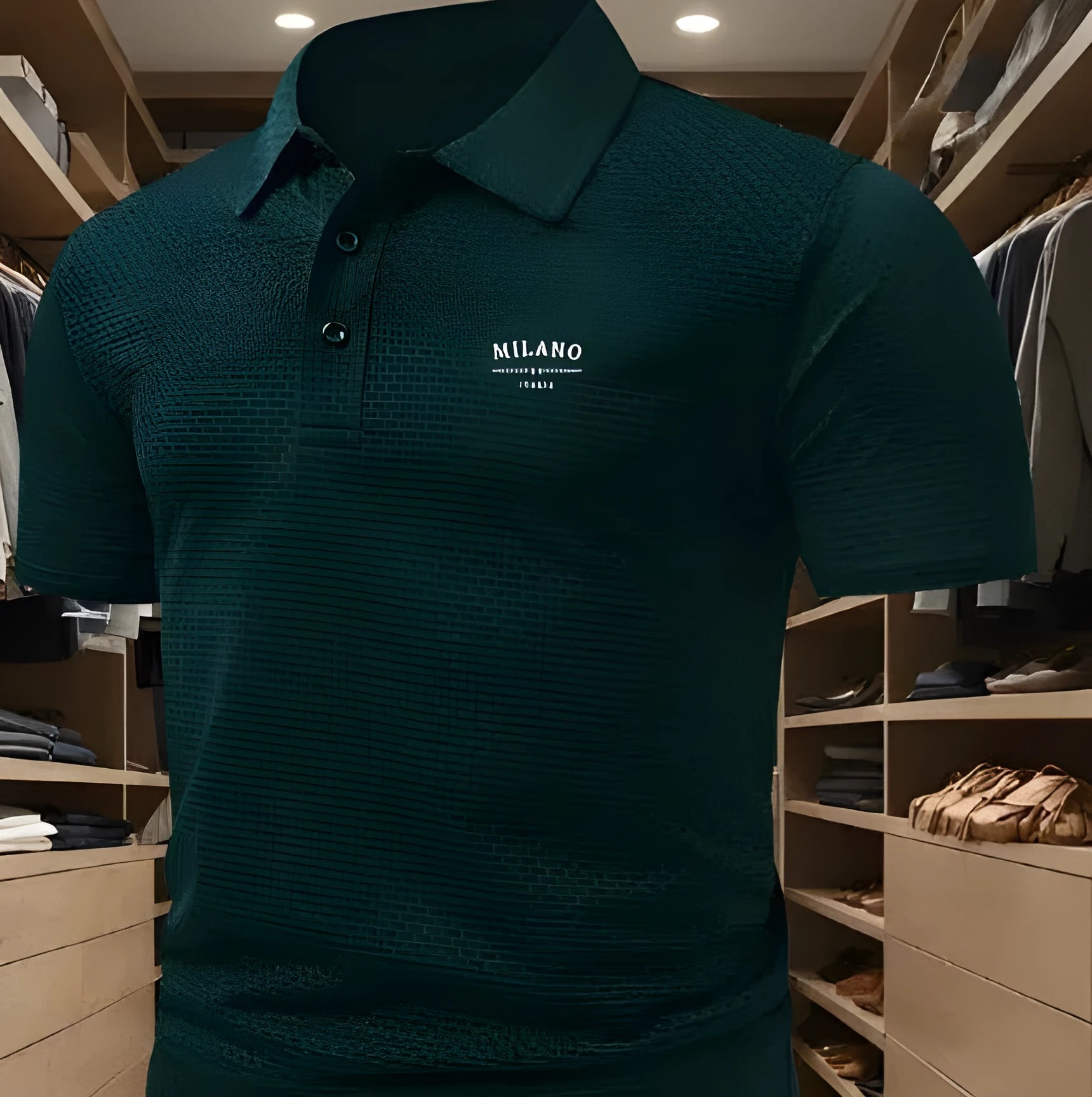 Men's loose fit lapel collar polo shirt in solid colour made from breathable pinhole fabric.