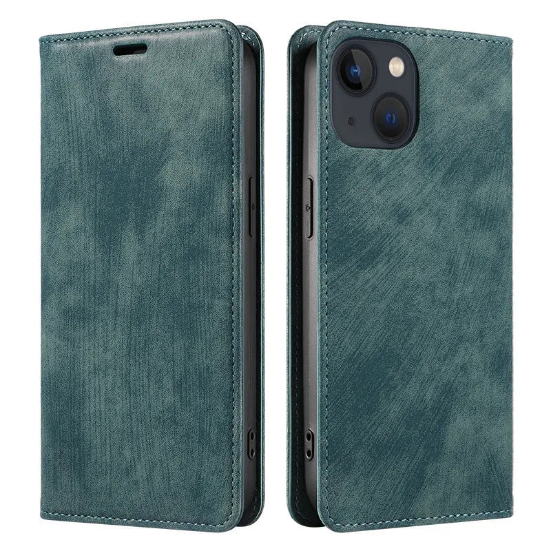 Magnetic flip phone case in synthetic leather showing closed front cover and open view revealing card slot for iPhone.