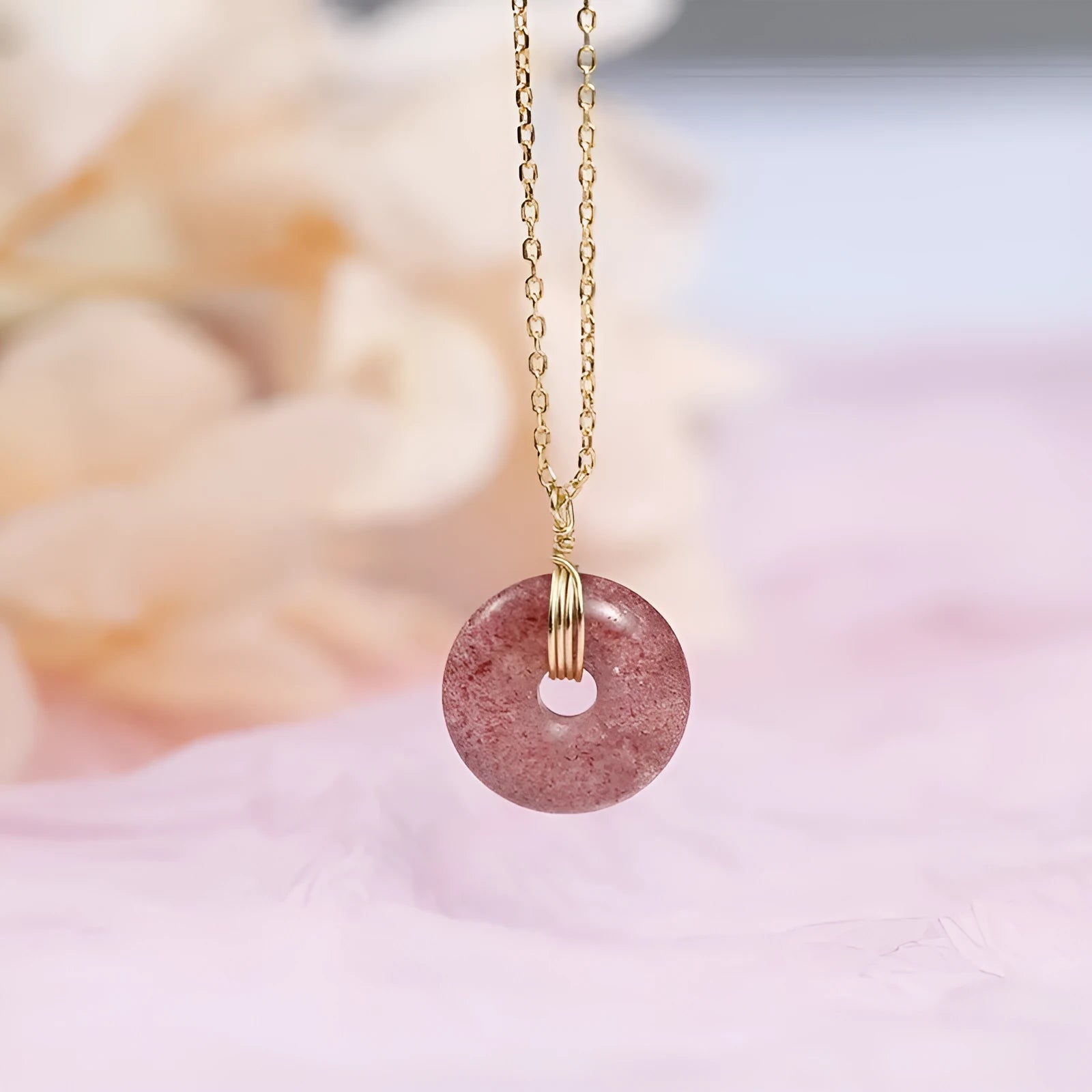 S925 sterling silver necklace with strawberry quartz peace buckle pendant on adjustable cross chain