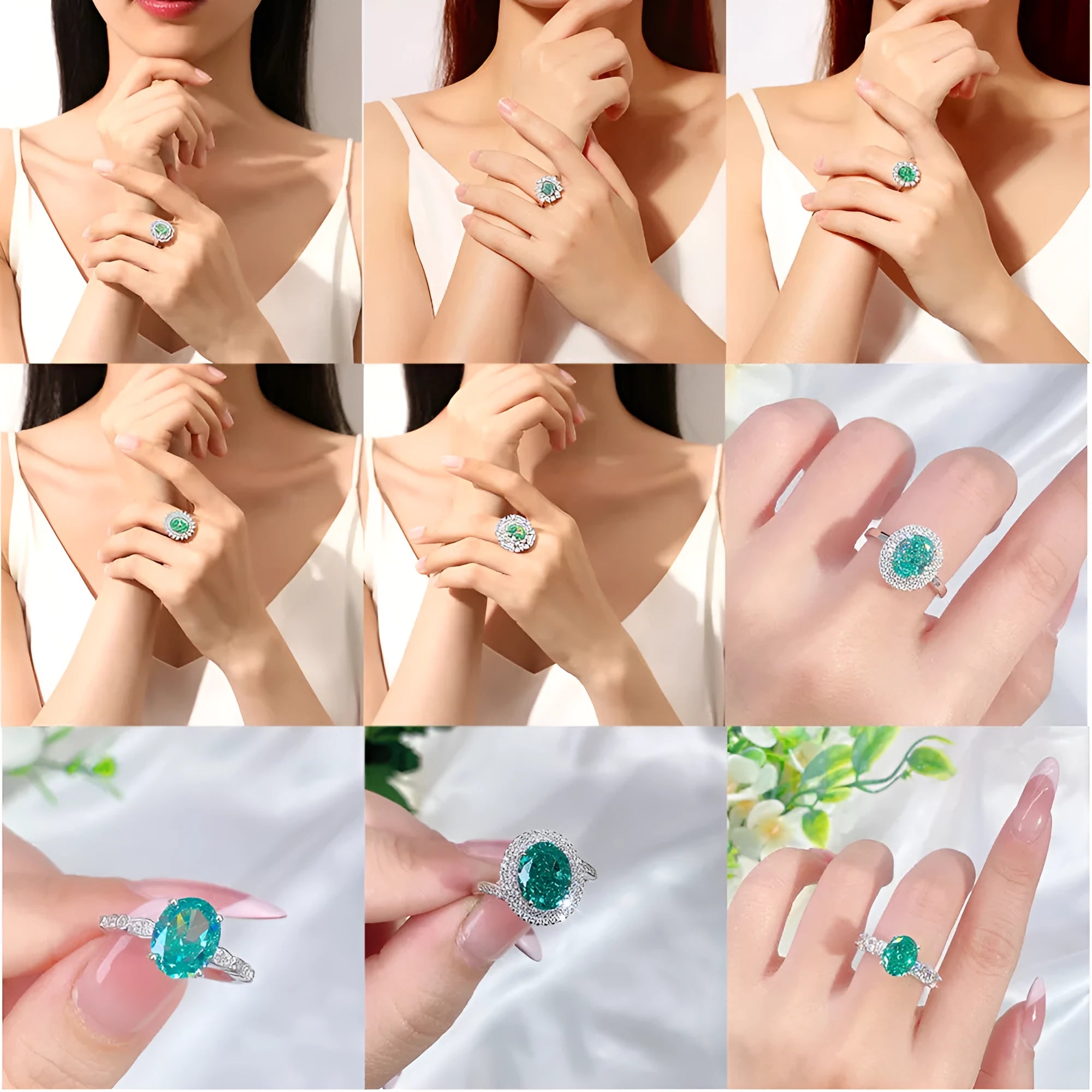 S925 sterling silver women's ring with Palaibahao emerald design and high carbon diamond inlay on ellipse shape.