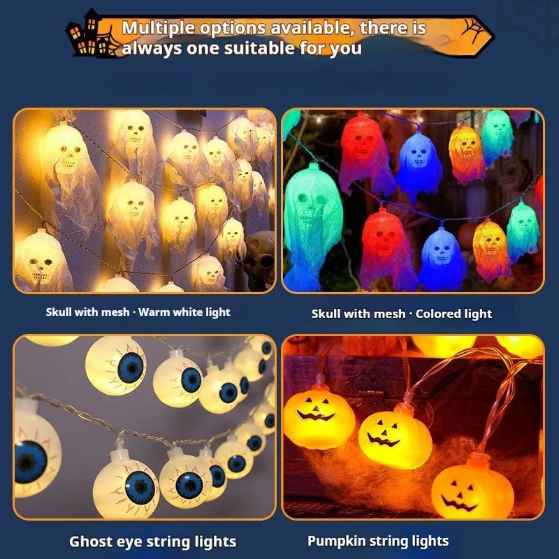 Halloween battery-operated LED string lights showing coloured and warm white options for indoor wall decoration