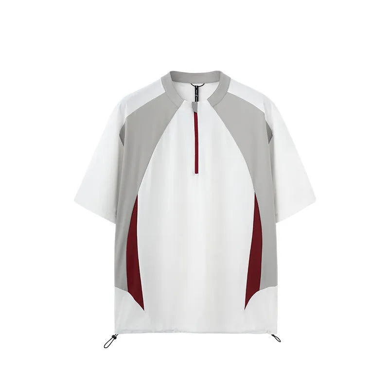Men's black and beige polyester tops with stitching detail in long and short sleeve versions