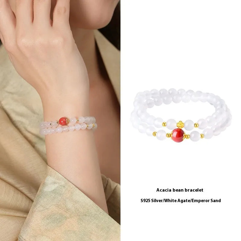 Women's double layer white agate bracelet with 6mm polished beads in geometric national style