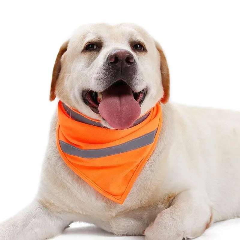 Yellow orange reflective dog bandana with adhesive strap shown on pet collar