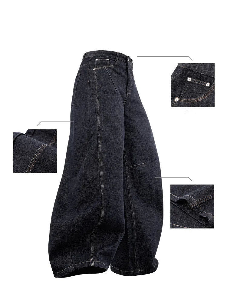 Men's wide leg denim trousers in original cow colour showing mid waist design and relaxed fit