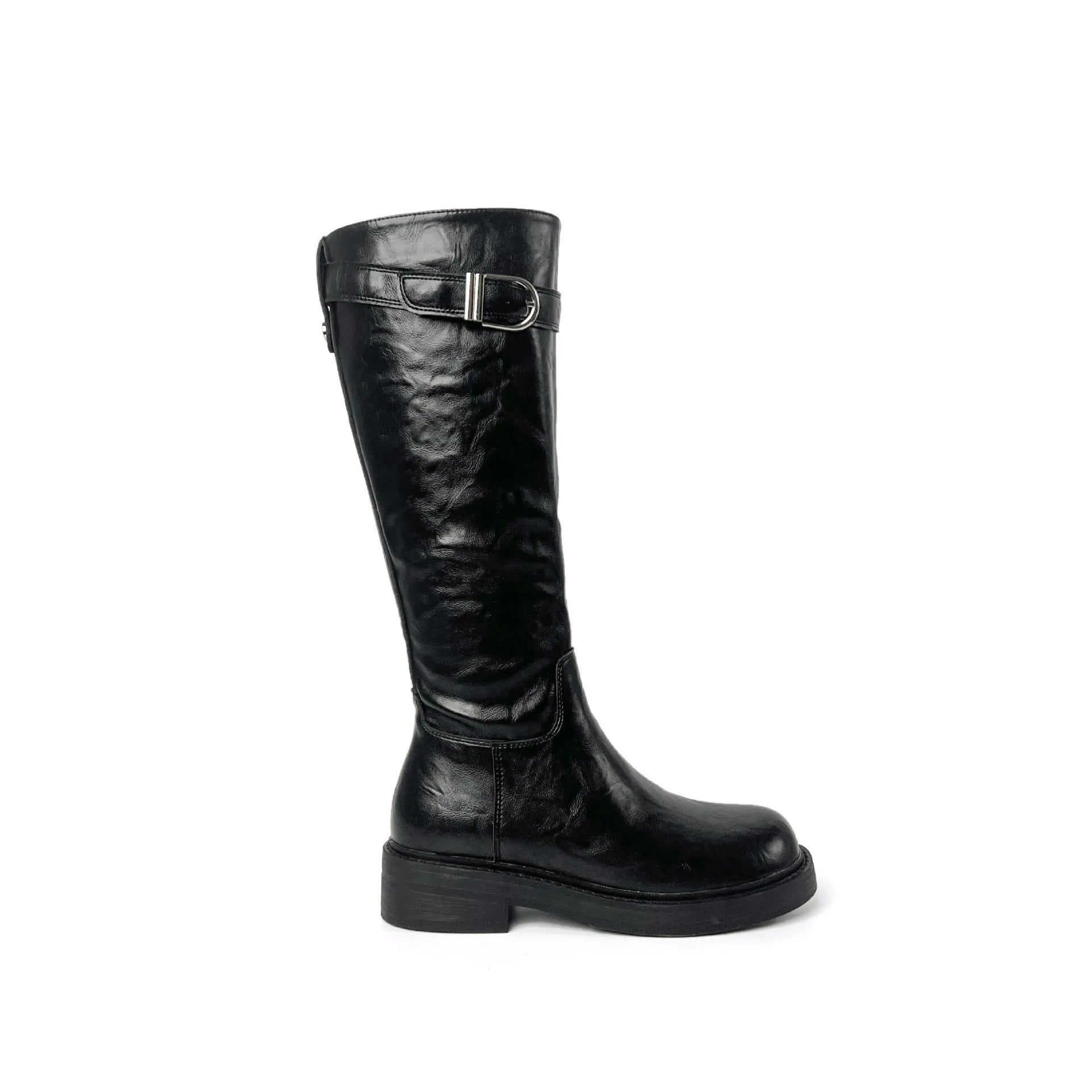 Women's knee-high black retro martin boots with square heel and side zipper