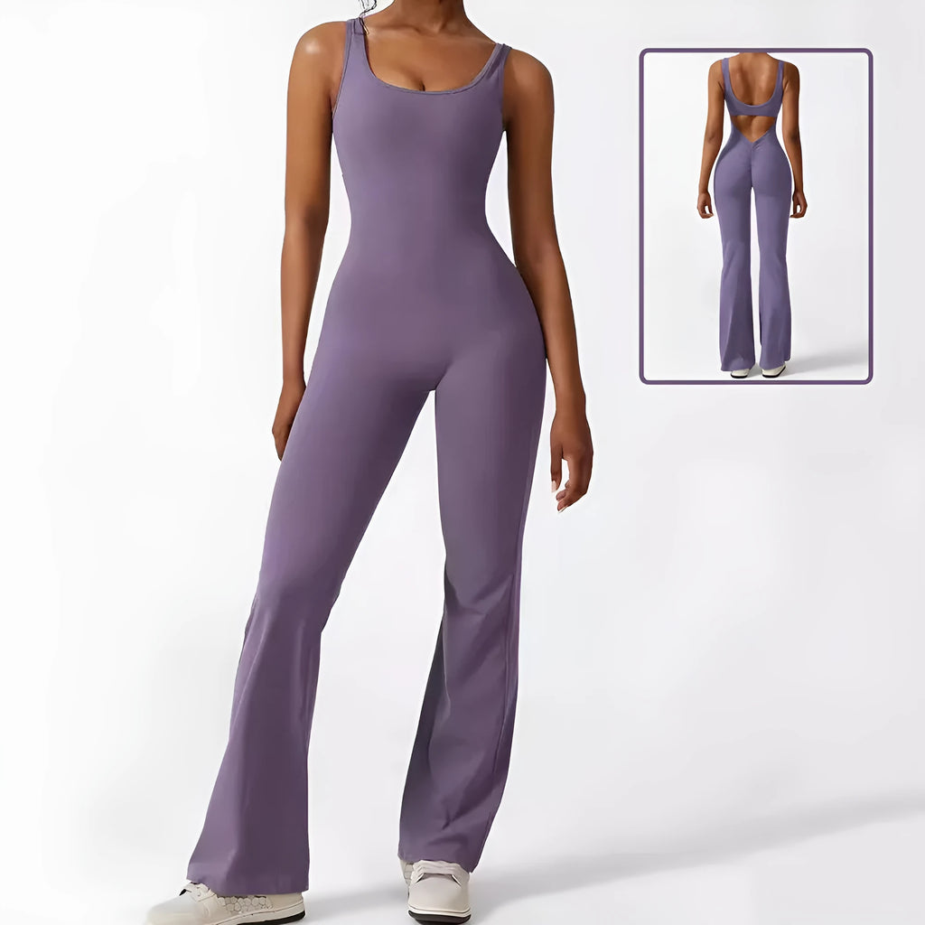 Women's sleeveless flare jumpsuit for yoga and fitness in high-elasticity polyester fabric