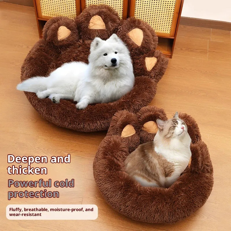 Plush thickened pet bed in coffee colour with hand-shaped brush nest design, a large dog mat for indoor use.