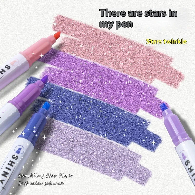 Set of four glitter highlighter pens with slanted tips in pastel colours including taro puff and peach blossom puff.