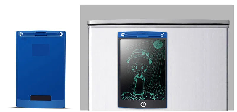 LCD drawing tablet with blue-green bold font display, ABS frame, erase button, and stylus