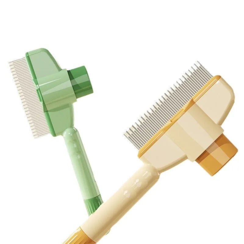 Yellow and green pet grooming comb with stainless steel teeth and release button for cats dogs