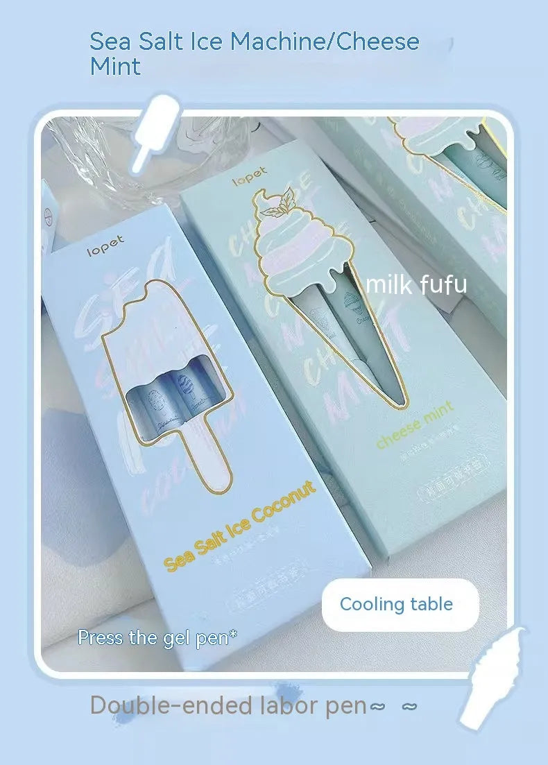 Four double-headed highlighter pens with plastic shells and sponge pressers in cheese mint and sea salt ice cup colours.