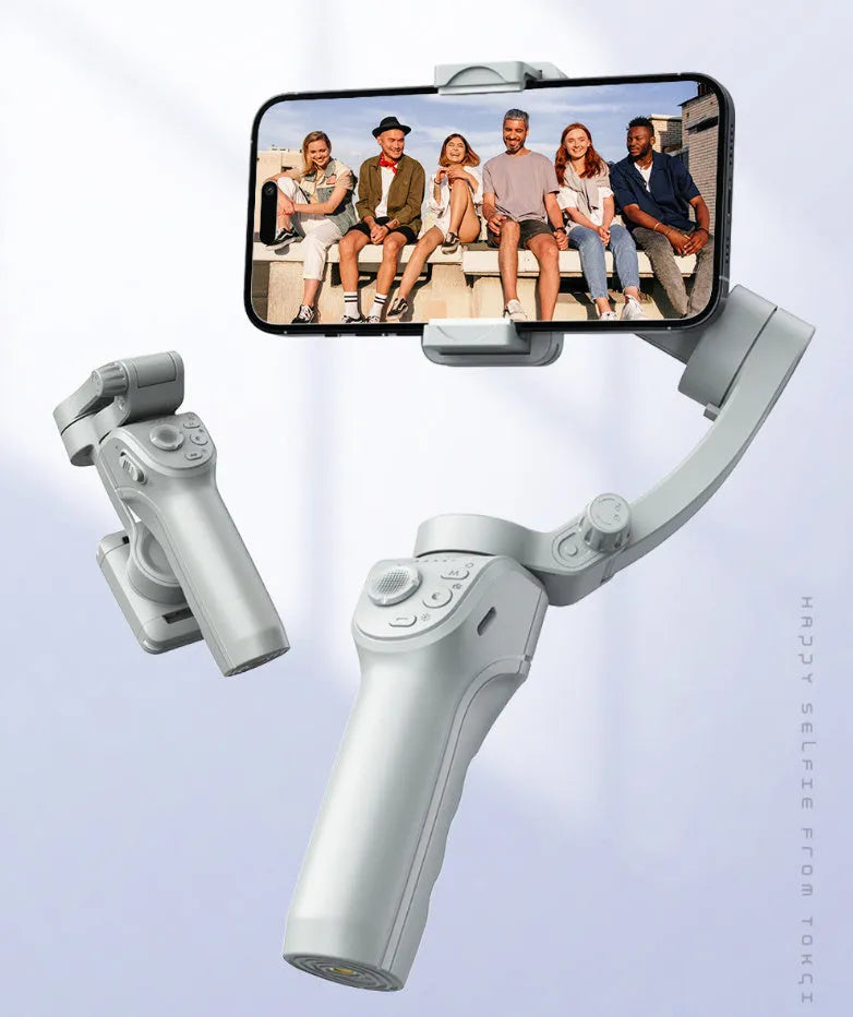 Grey hand-held three-axis anti-shake stabiliser with AI face tracking and fill light for short video shooting