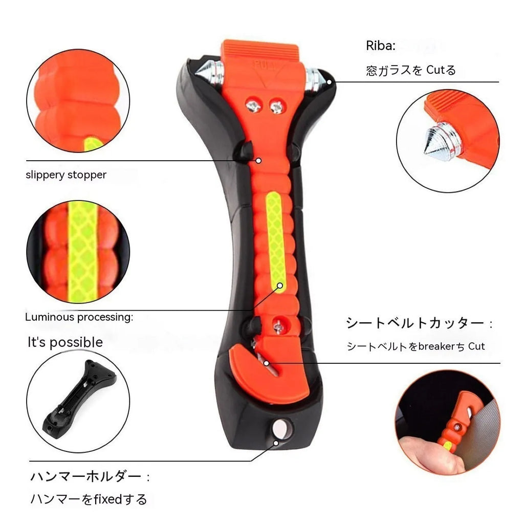 Red car emergency safety hammer with window breaker tip and seatbelt cutter.