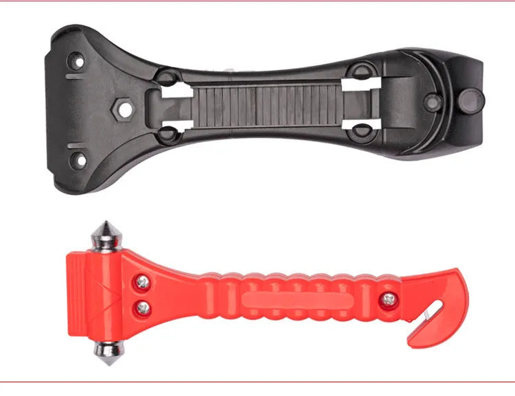 Red car emergency safety hammer with window breaker tip and seatbelt cutter.