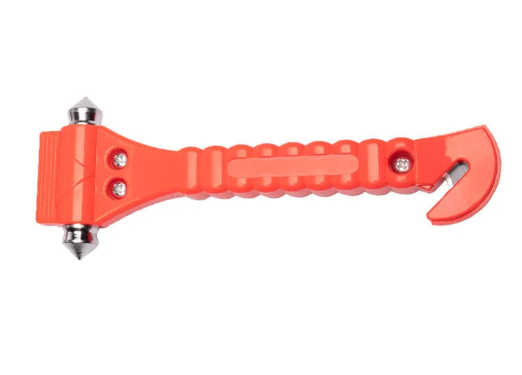 Red car emergency safety hammer with window breaker tip and seatbelt cutter.