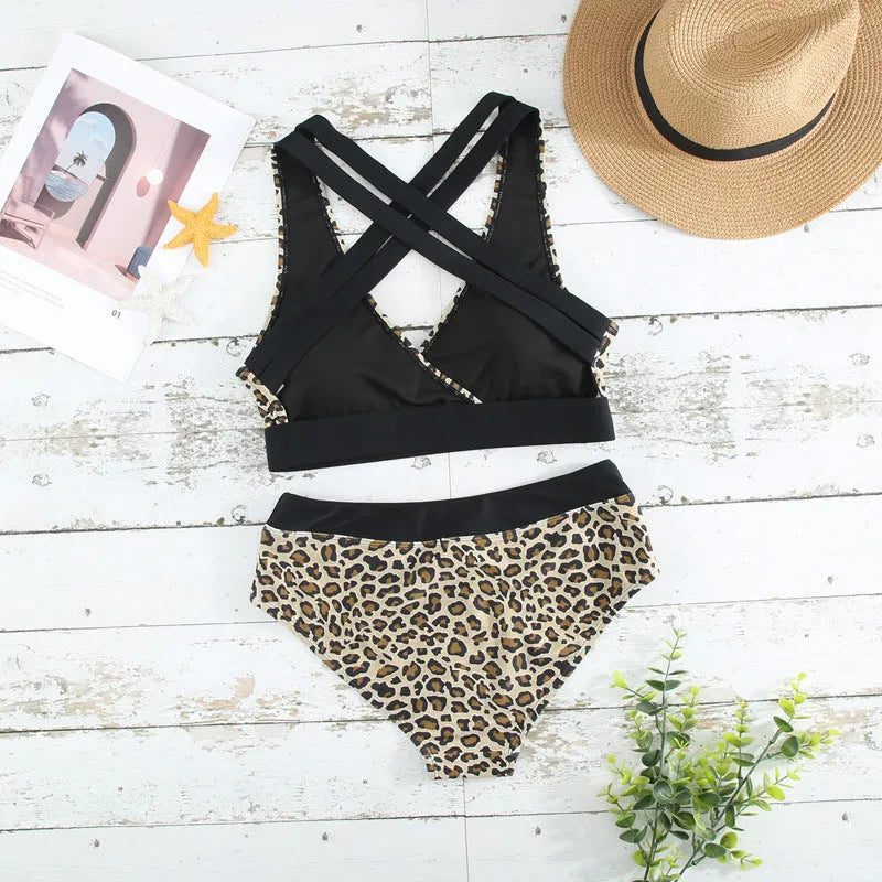Women's leopard print bikini set with cross banded V-neck top and split briefs