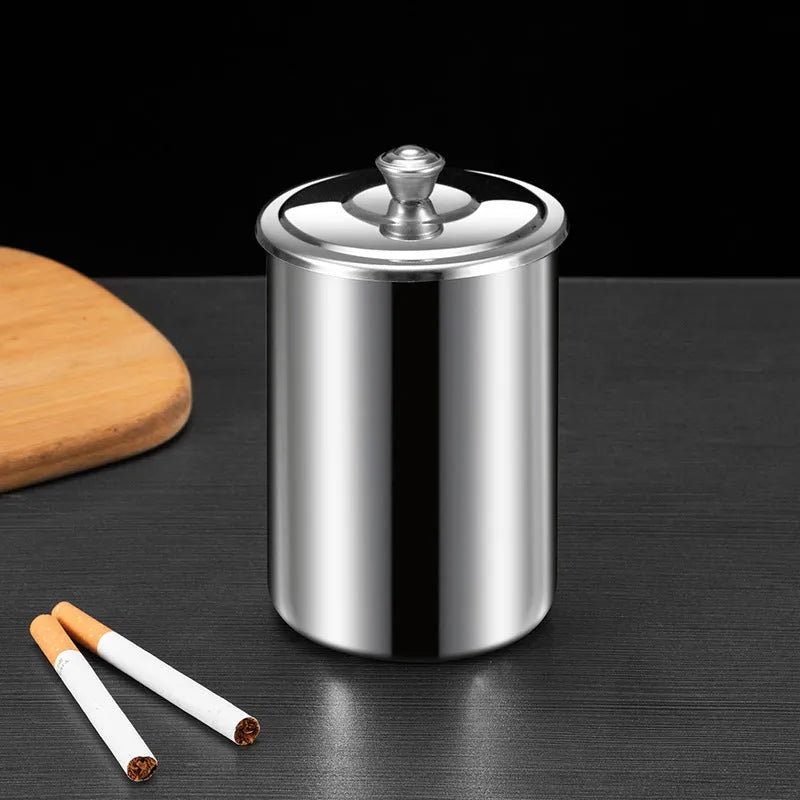 Stainless steel fly ash ashtray with cover, funnel and smoke button in silver finish