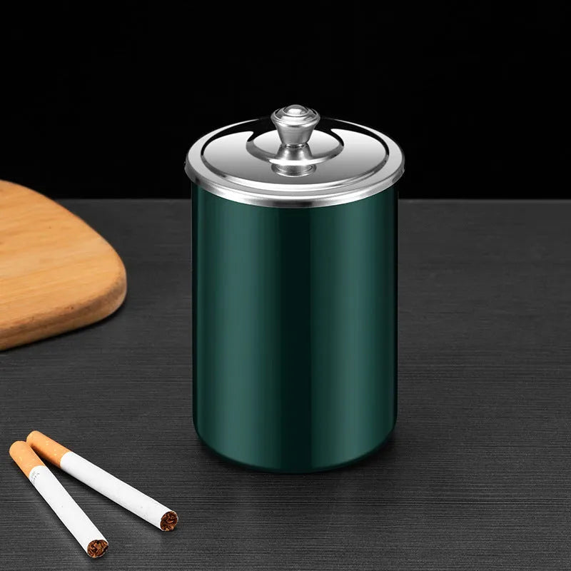 Stainless steel fly ash ashtray with cover, funnel and smoke button in silver finish
