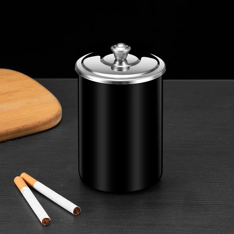 Stainless steel fly ash ashtray with cover, funnel and smoke button in silver finish
