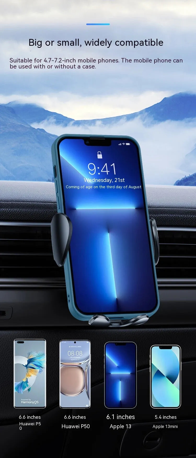Black car mobile phone bracket with mechanical support frame for air vent mounting