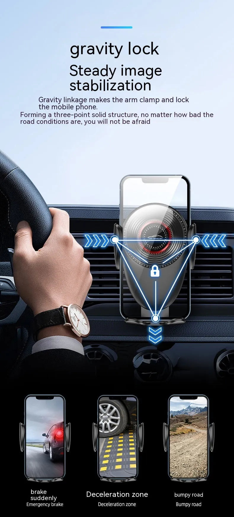 Black car mobile phone bracket with mechanical support frame for air vent mounting