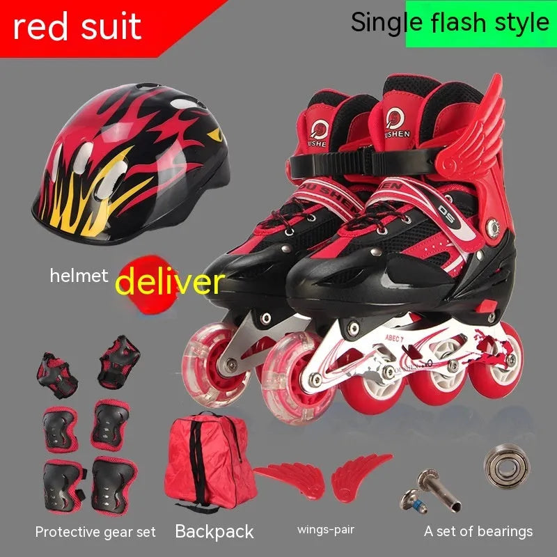 Children's adjustable inline skates with aluminium frame and protective gear set in various colours