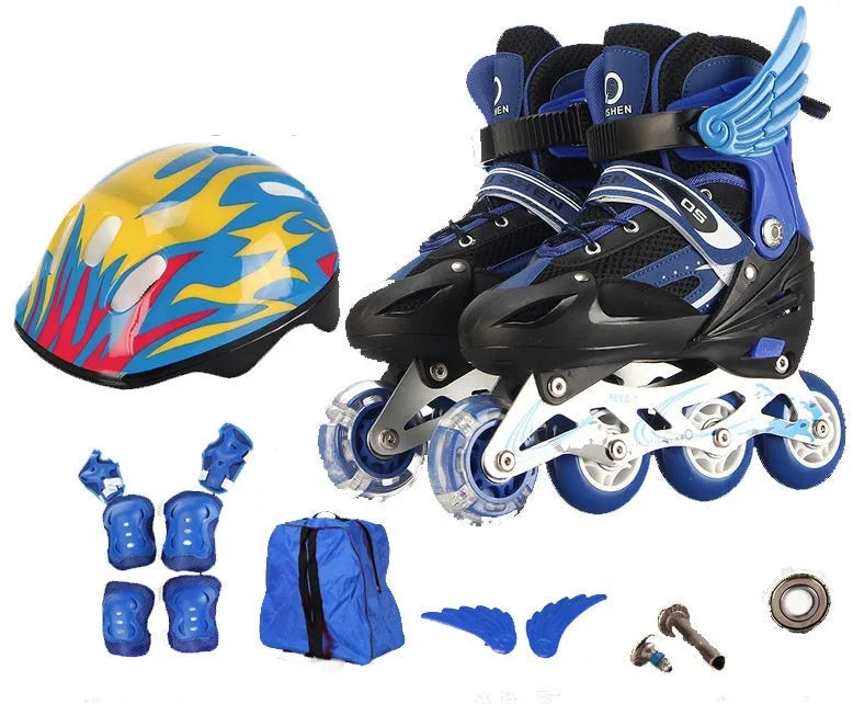Children's adjustable inline skates with aluminium frame and protective gear set in various colours