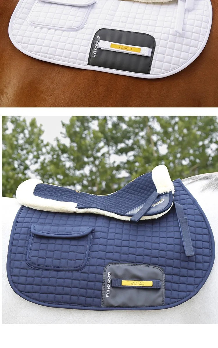 Riding saddle pad for waist protection in black, navy blue, white, or wine red.