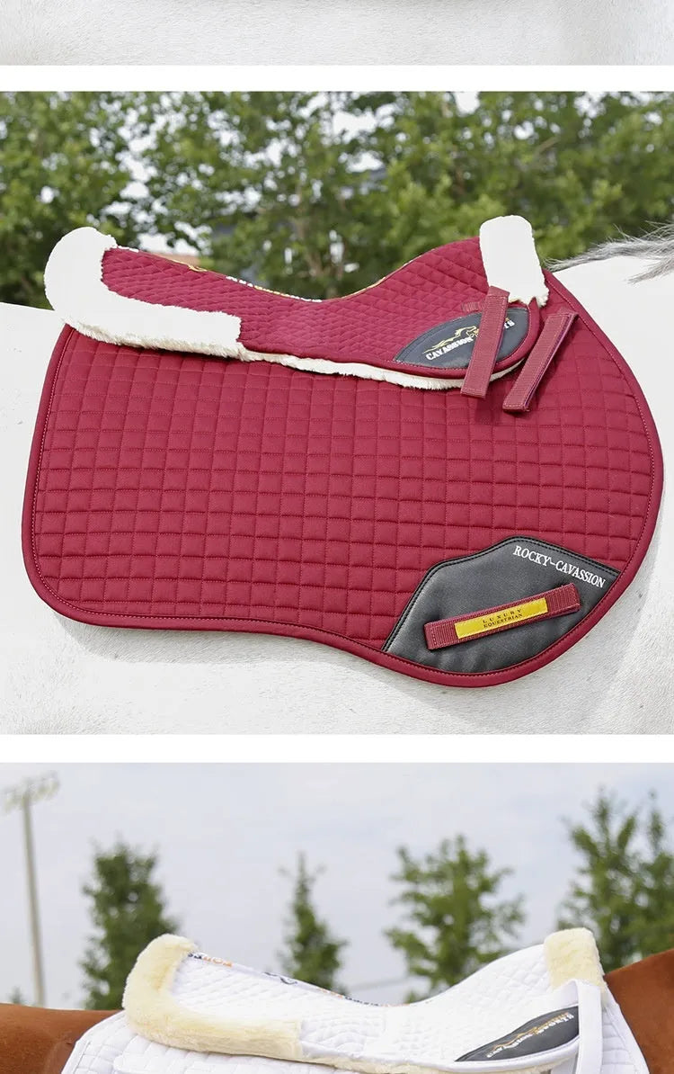 Riding saddle pad for waist protection in black, navy blue, white, or wine red.