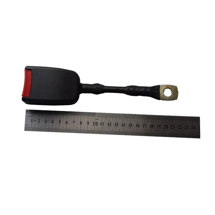 Car seat belt buckle with 20cm steel wire base for 21cm wide vehicle sockets.