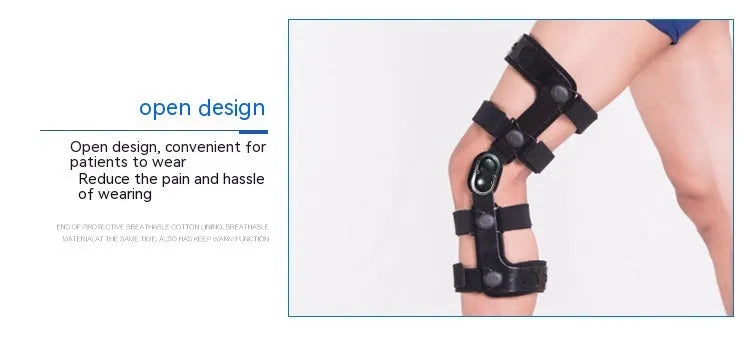Black anterior ligament knee supporter with structural framework on brushed cloth background